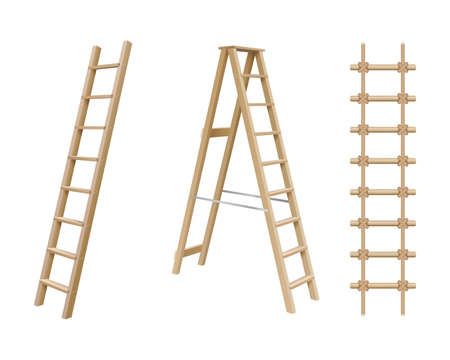 Wooden stairs, stepladder and rope ladder realistic set isolated on white backgroundのイラスト素材