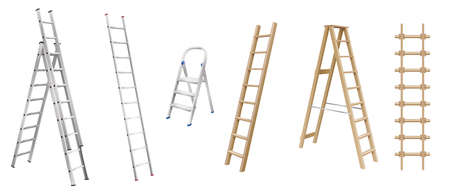 Realistic ladders for housekeeping. Set of stepladders, stair cases and rope ladder wooden and metalのイラスト素材