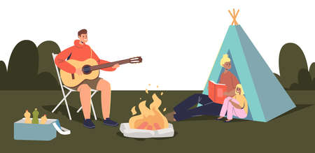 Happy family camping together: parents and kid sitting around camp fire and tentのイラスト素材