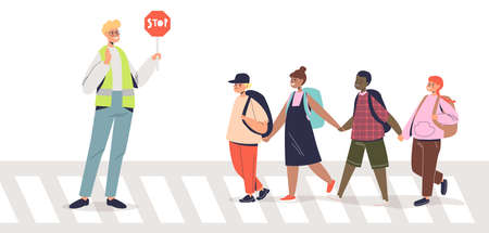 Policeman helping kids to cross road holding stop sign. Safety for children on street conceptのイラスト素材