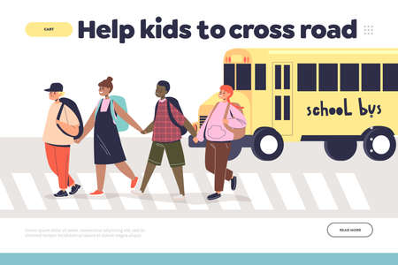 Help kids to cross road concept of landing page with group of children on crosswalkのイラスト素材