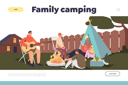 Family camping concept of landing page with parents and kids camp on backyard outside houseのイラスト素材