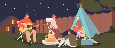 Happy family at night in camp on backyard. Parents and kids camping outside houseのイラスト素材