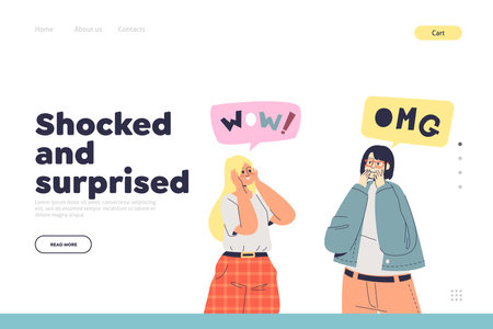 Shocked and surprised girls with shock wow and omg reaction on template landing page backgroundのイラスト素材