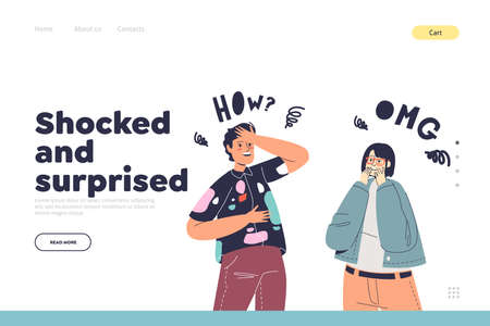 Emotion of shock and surprise concept of landing page with excited cartoon coupleのイラスト素材