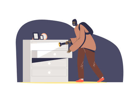 Housebreaker stealing jewelry from drawer. Home robbery and burglary conceptのイラスト素材