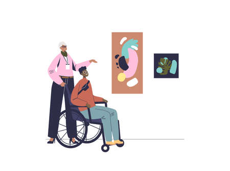 Disabled man on wheelchair visit art gallery. Handicapped tourist guy in museum exhibitionのイラスト素材