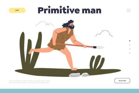 Primitive man concept of landing page with stone age person running with spear weaponsのイラスト素材