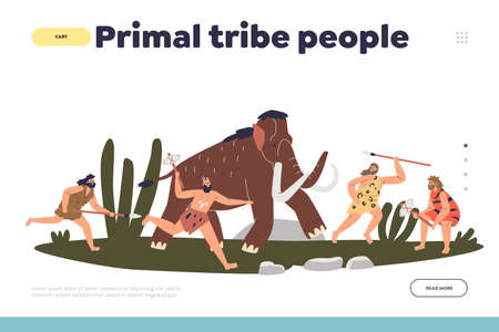 Primal tribe people concept of landing page with prehistoric stone age men attack mammothのイラスト素材