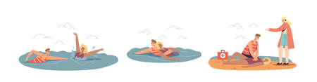 Ocean beach emergency situation set with lifeguard saving and giving first aid to sinking womanのイラスト素材