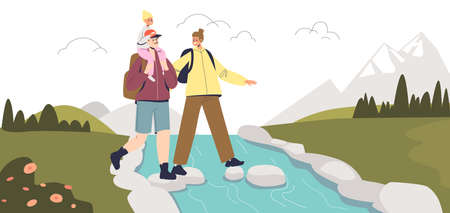 Happy family hiking. Young parents with small kid on hike in mountains. Mom, dad and child trekkingのイラスト素材