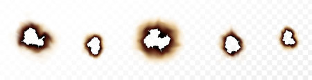 Set of burnt faded holes piece burned paper. Realistic fire flame on pages with uneven edgesのイラスト素材