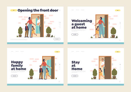 Open door to welcome and goodbye concept of landing pages set with parents and kids at door at homeのイラスト素材