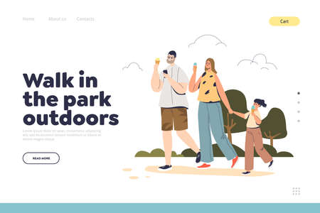 Walk in park outdoors concept of landing page with happy family eating ice cream togetherのイラスト素材