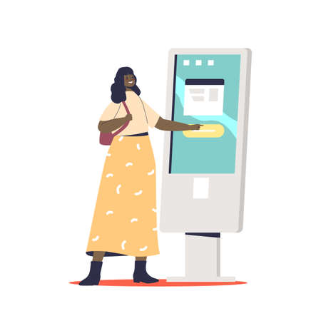Woman using self-service payment and information electronic terminal with touch screenのイラスト素材