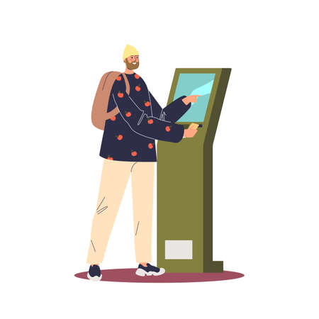 Man using terminal for self service payment. Modern touch screen informational kiosk technologyのイラスト素材