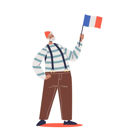 Senior man in typical french outfit holding national flag of france. Cartoon man welcome to Parisのイラスト素材