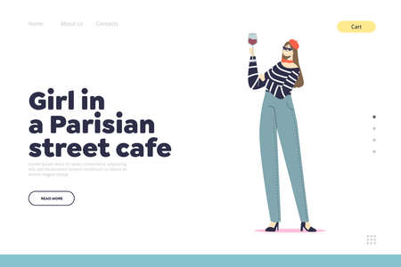 Girl in Parisian street cafe concept of landing page with french woman in beret drinking red wineのイラスト素材