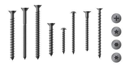 Realistic 3d metal bolts, nuts, rivets, washers and screws set. Assortment for fix and repairのイラスト素材