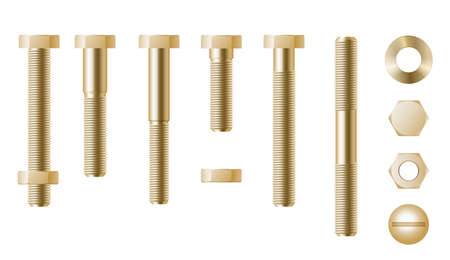 Realistic golden screws set. Eye hook, head fastener, metal rivet, detailed bolts for repairのイラスト素材