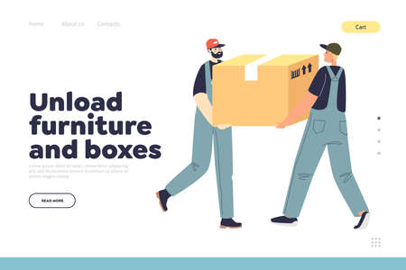 Unload furniture and boxes concept of landing page with moving home service loaders carry packagesのイラスト素材
