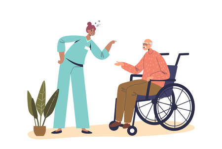 Angry nurse scolding old man on wheelchair while treatment in hospital. Bad nursing conceptのイラスト素材