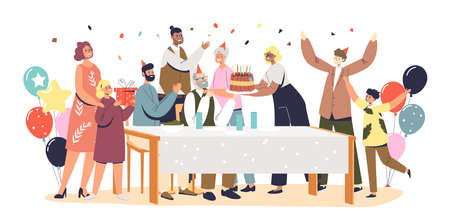 Family celebration with grandparents parents and kids gathering to celebrate grandfather anniversaryのイラスト素材