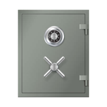 Realistic metal safe door for bank or home storage. Steel strongbox with combination locker isolatedのイラスト素材