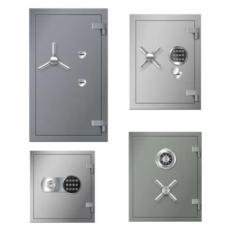 Set of realistic safes boxes with metal steel doors and lockers for banking storage and safetyのイラスト素材
