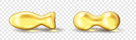 Oil gold capsules bubble on transparent background. Cosmetic capsule of omega 3 oil realisticのイラスト素材