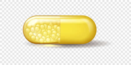 Oil capsule realistic isolated. Vitamin pill omega 3 fish oil, fatty organic acid diet nutrientのイラスト素材