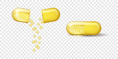 Capsule with oil, gold pill with bubbles on transparent background. Cosmetics, vitamin or omega 3のイラスト素材