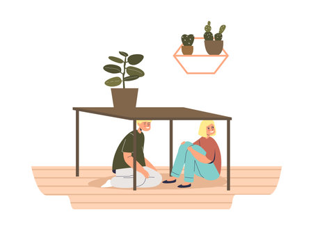 Little kids hiding under table playing in hide and seek game at home. Indoor funny leisure activityのイラスト素材