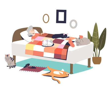 Senior woman sleeping in bed and cats around. Cute elder grandmother lady has rest in bedroomのイラスト素材