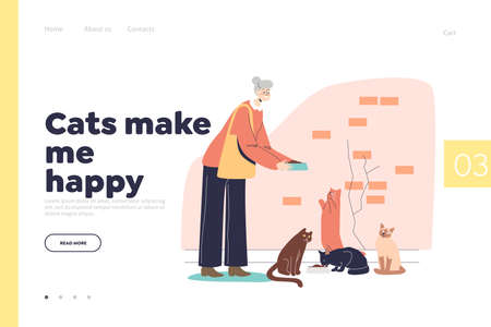 Cats make me happy concept of landing page with older granny holding plate with food for petsのイラスト素材