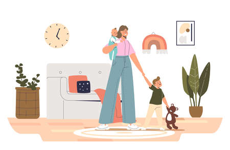 Nanny with kids at home. Young babysitter female with little infant boy and girlのイラスト素材