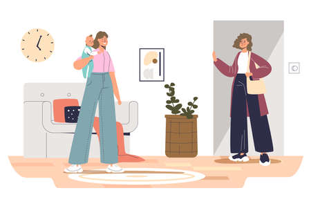 Mother left kids with young nanny at home. Female babysitter taking care of small boy and girlのイラスト素材