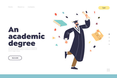 Academic degree concept of landing page with happy student graduating from university or collegeのイラスト素材