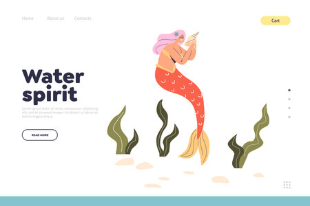 Water spirit concept of landing page with mermaid with long hair and fish tail hold sea shellのイラスト素材