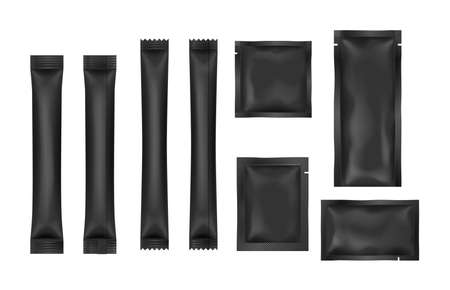 Blank black sachet packages set. Foil or plastic container. Pouch snack, sticks for sugar or coffeeのイラスト素材