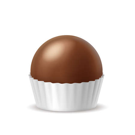 Realistic milk chocolate candy in paper wrapper isolated on white background. Cocoa bon bon dessertのイラスト素材