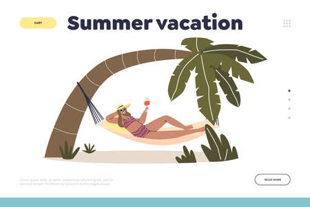 Summer vacation concept of landing page with woman relax in hammock with cocktail on tropical resortのイラスト素材