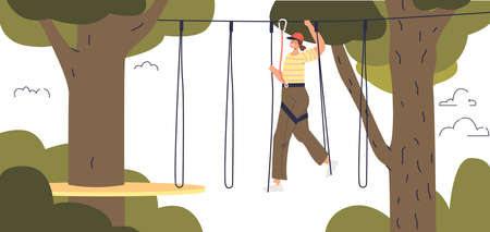 Girl enjoy activity in adventure rope park. Young female fun in extreme park outdoors climbingのイラスト素材