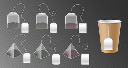 Tea bags and paper cup mockup. Realistic disposable beverage infuser bags and pyramids sachetのイラスト素材