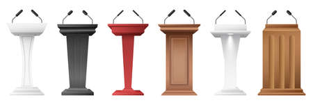 Tribunes set. Realistic podiums with microphones, speaker pedestals for lecture, award ceremonyのイラスト素材