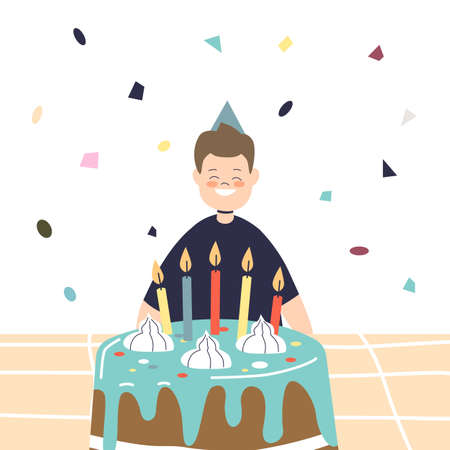 Happy birthday boy sitting in front of festive cake with candles wear celebration party cone hatのイラスト素材