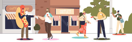 Outdoor street promotion: promoters in costume giving flyers to people and gluing posters on pillarsのイラスト素材