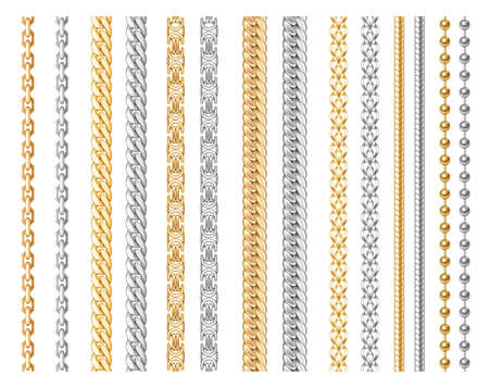 Metal chain realistic. Silver, gold, chrome chains elements for necklace or braceletのイラスト素材