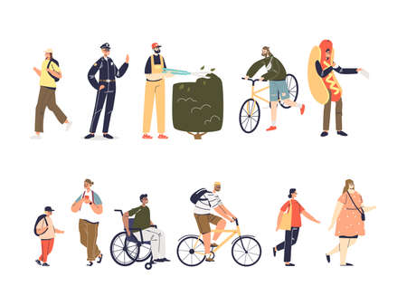 Set of people cartoon : adult and kids. on bicycle, pedestrians, on wheelchair, workers in uniformのイラスト素材