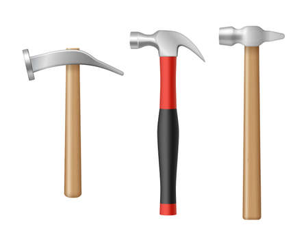 Realistic claw hammers set with rubber and wooden handle. Collection of carpenter workers instrumentのイラスト素材